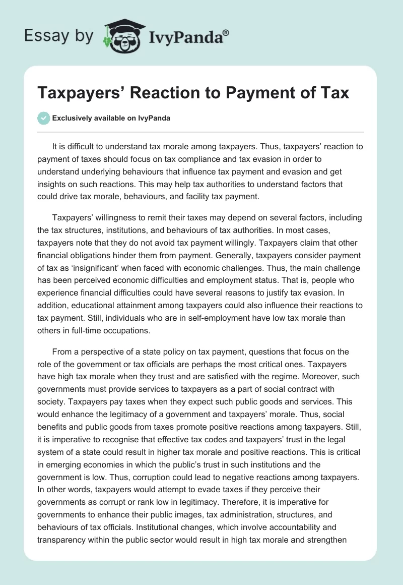 Taxpayers’ Reaction to Payment of Tax. Page 1