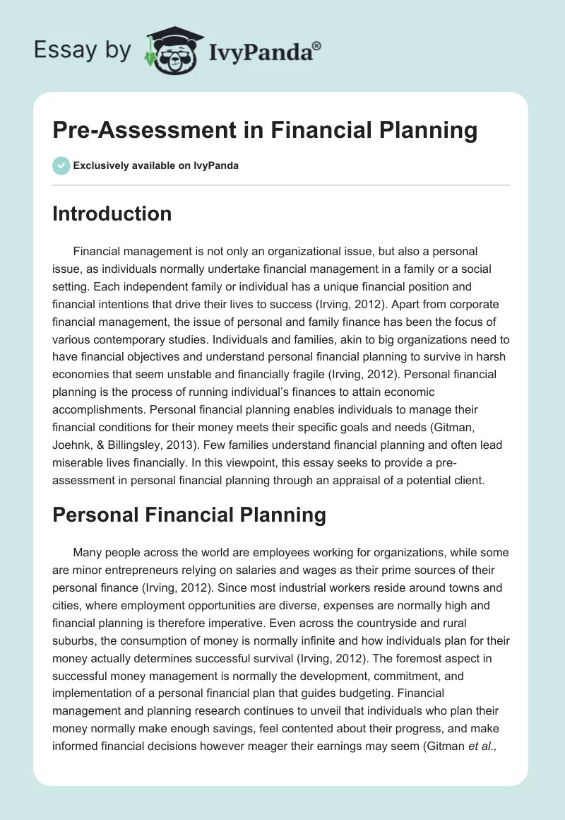 Pre-Assessment in Financial Planning. Page 1