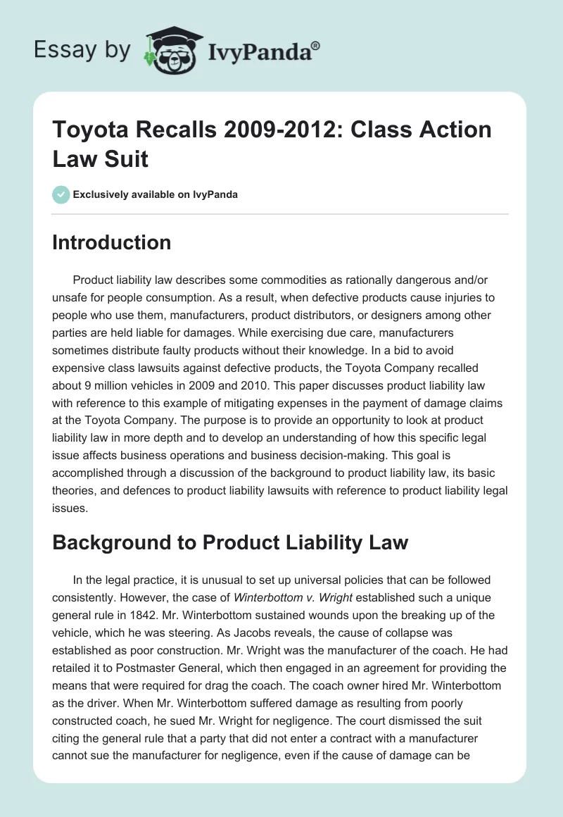 Toyota Recalls 2009-2012: Class Action Law Suit. Page 1