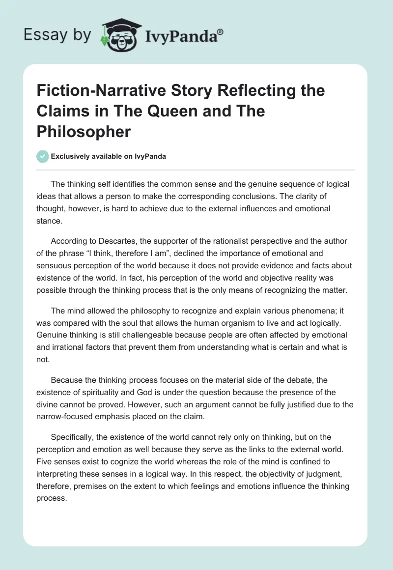 Fiction-Narrative Story Reflecting the Claims in The Queen and The Philosopher. Page 1