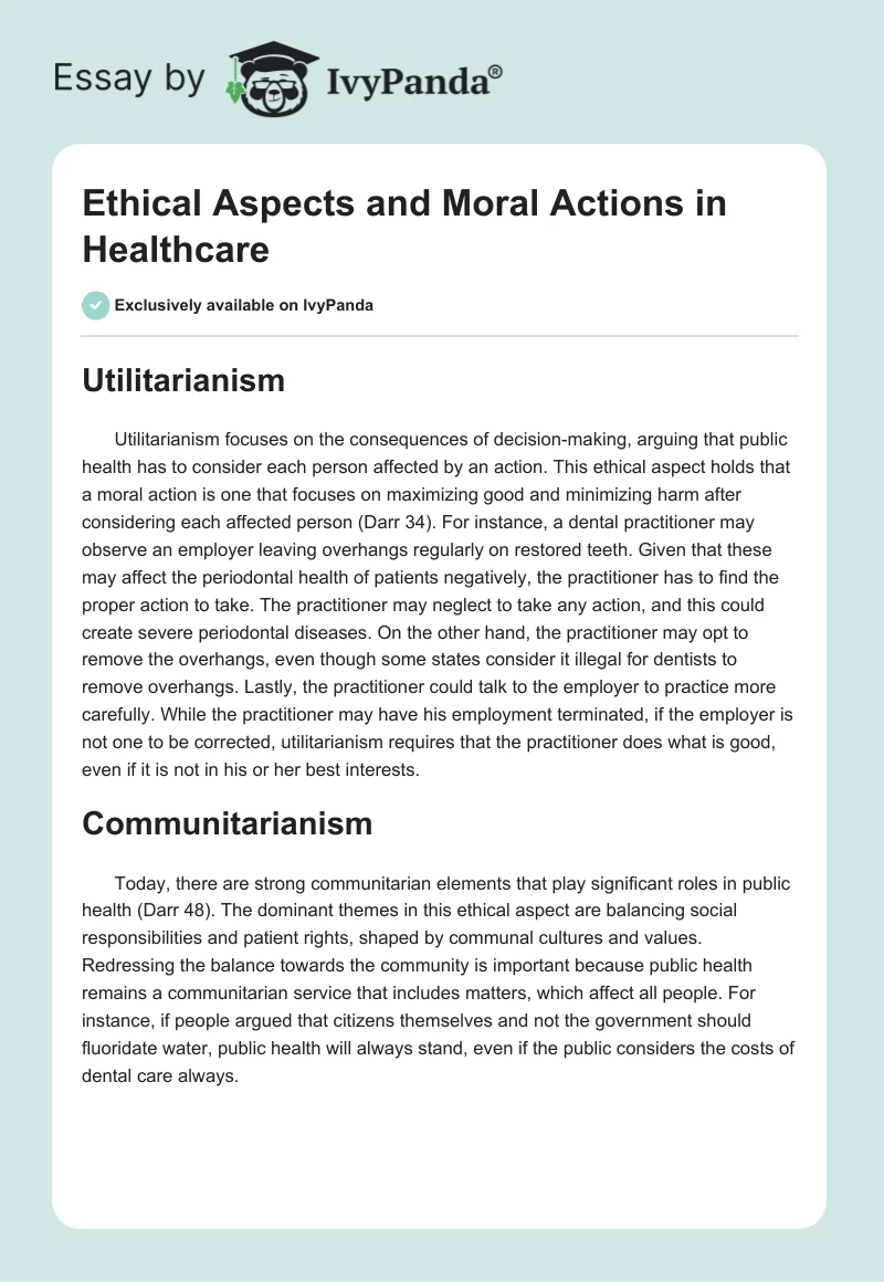 Ethical Aspects And Moral Actions In Healthcare 1121 Words Assessment Example 