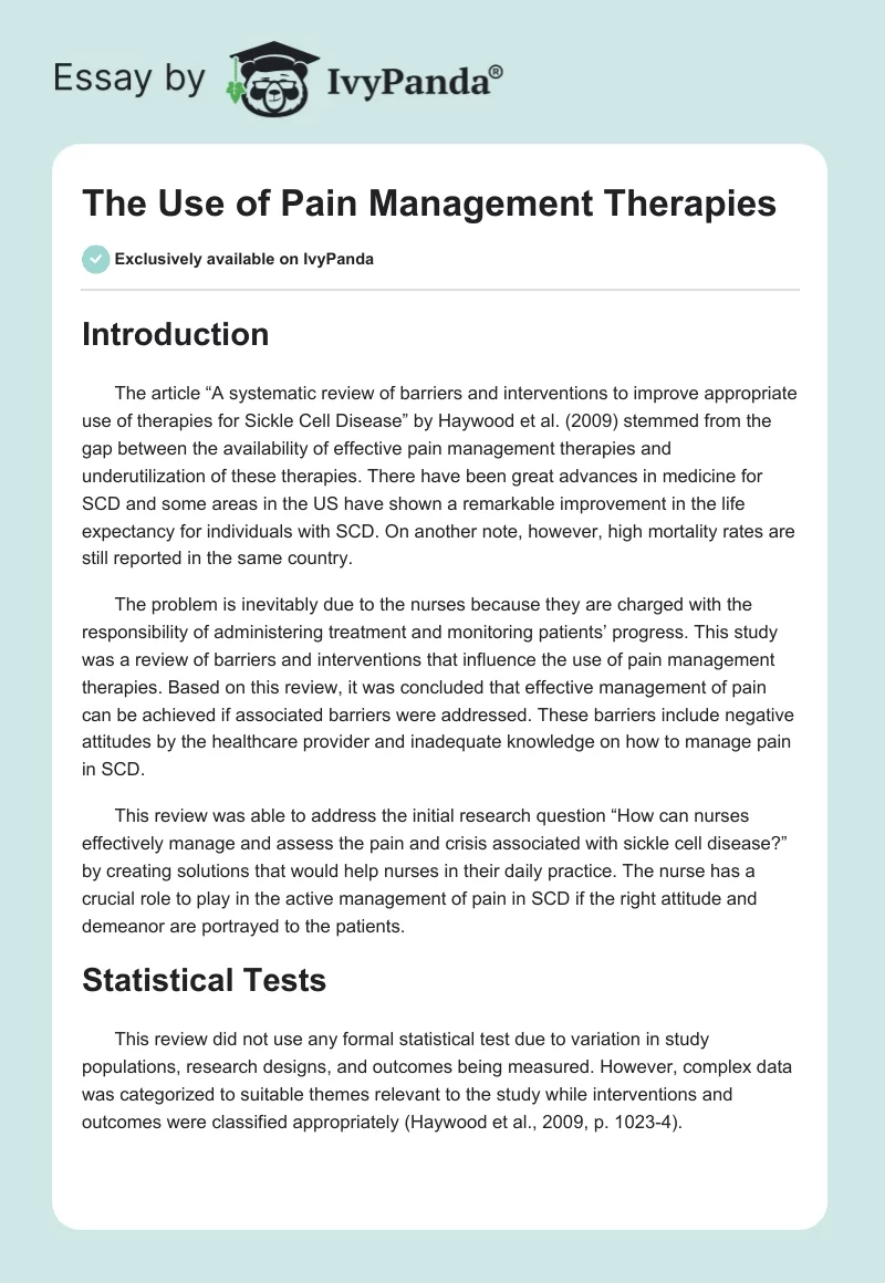 The Use of Pain Management Therapies. Page 1