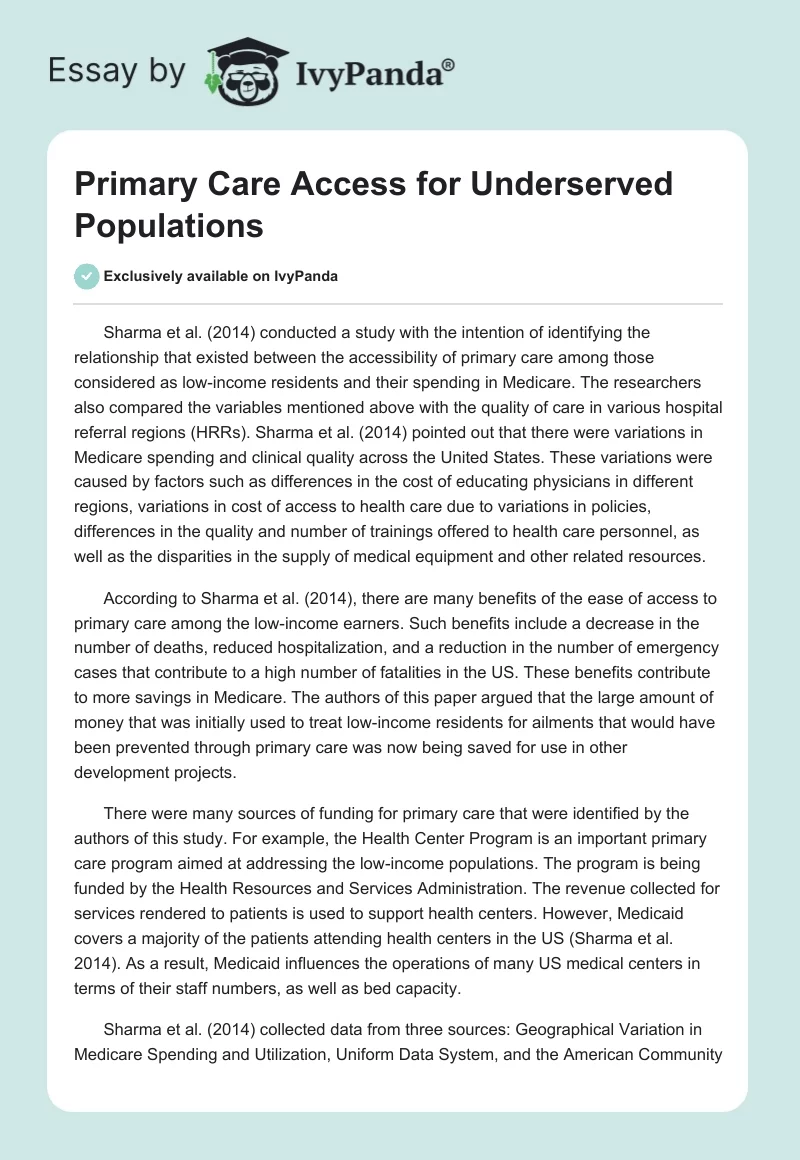 Primary Care Access for Underserved Populations. Page 1