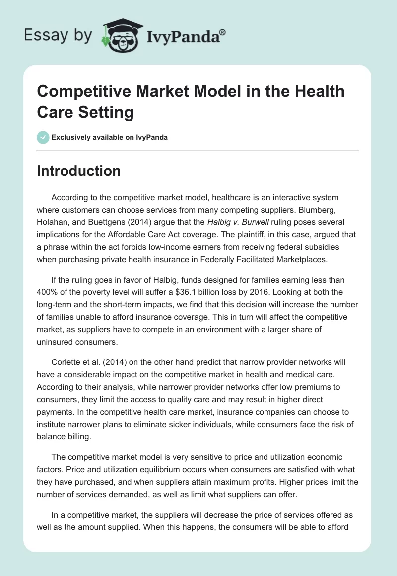 Competitive Market Model in the Health Care Setting. Page 1