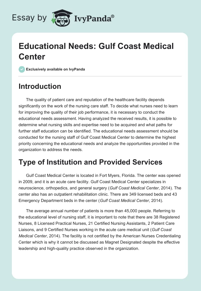 Educational Needs: Gulf Coast Medical Center. Page 1