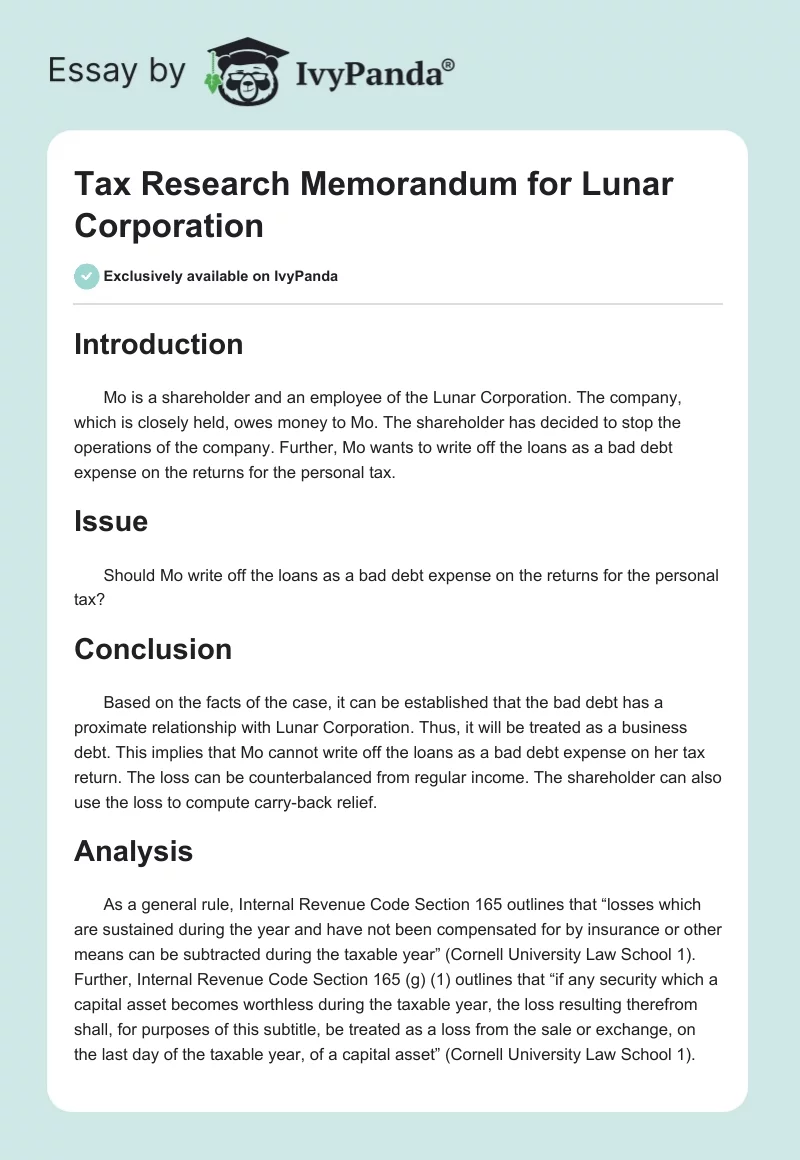 Tax Research Memorandum for Lunar Corporation. Page 1