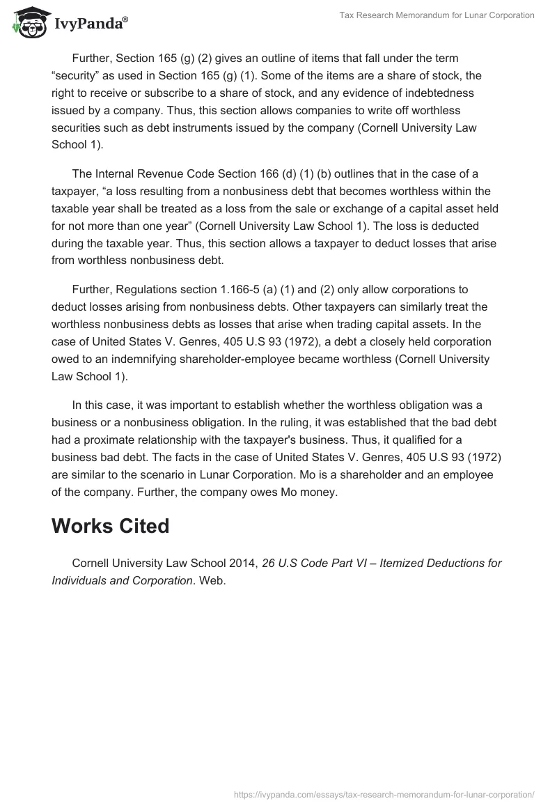Tax Research Memorandum for Lunar Corporation. Page 2