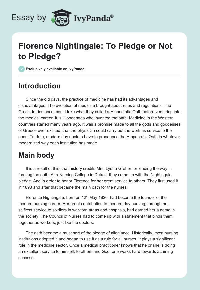 Florence Nightingale: To Pledge or Not to Pledge?. Page 1