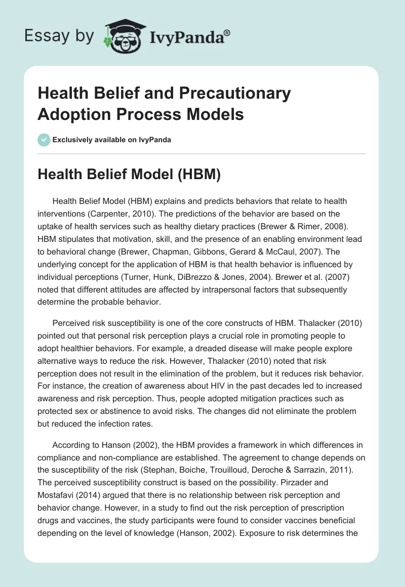 Health Belief and Precautionary Adoption Process Models. Page 1