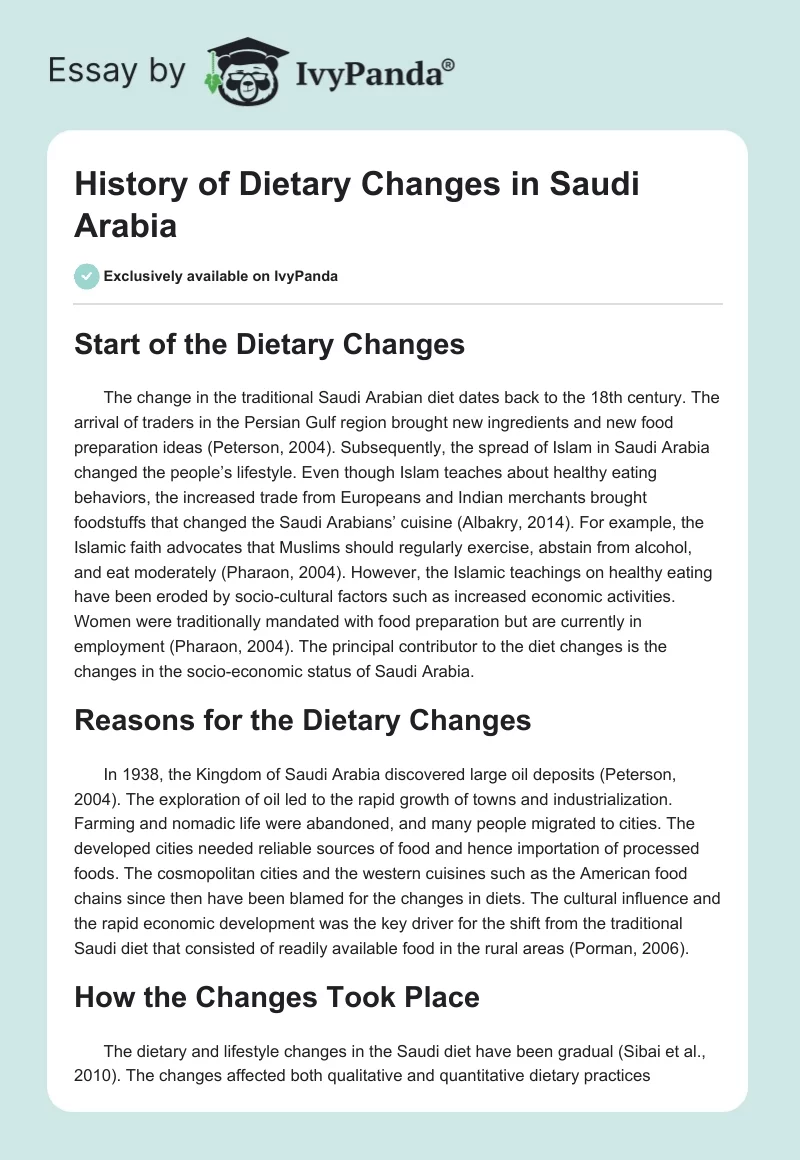History of Dietary Changes in Saudi Arabia. Page 1