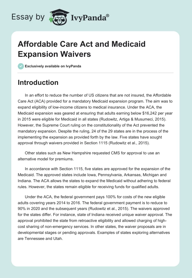 Affordable Care Act and Medicaid Expansion Waivers. Page 1