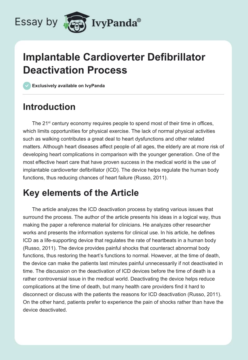 Implantable Cardioverter Defibrillator Deactivation Process. Page 1