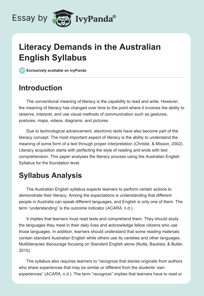 Literacy Demands in the Australian English Syllabus. Page 1