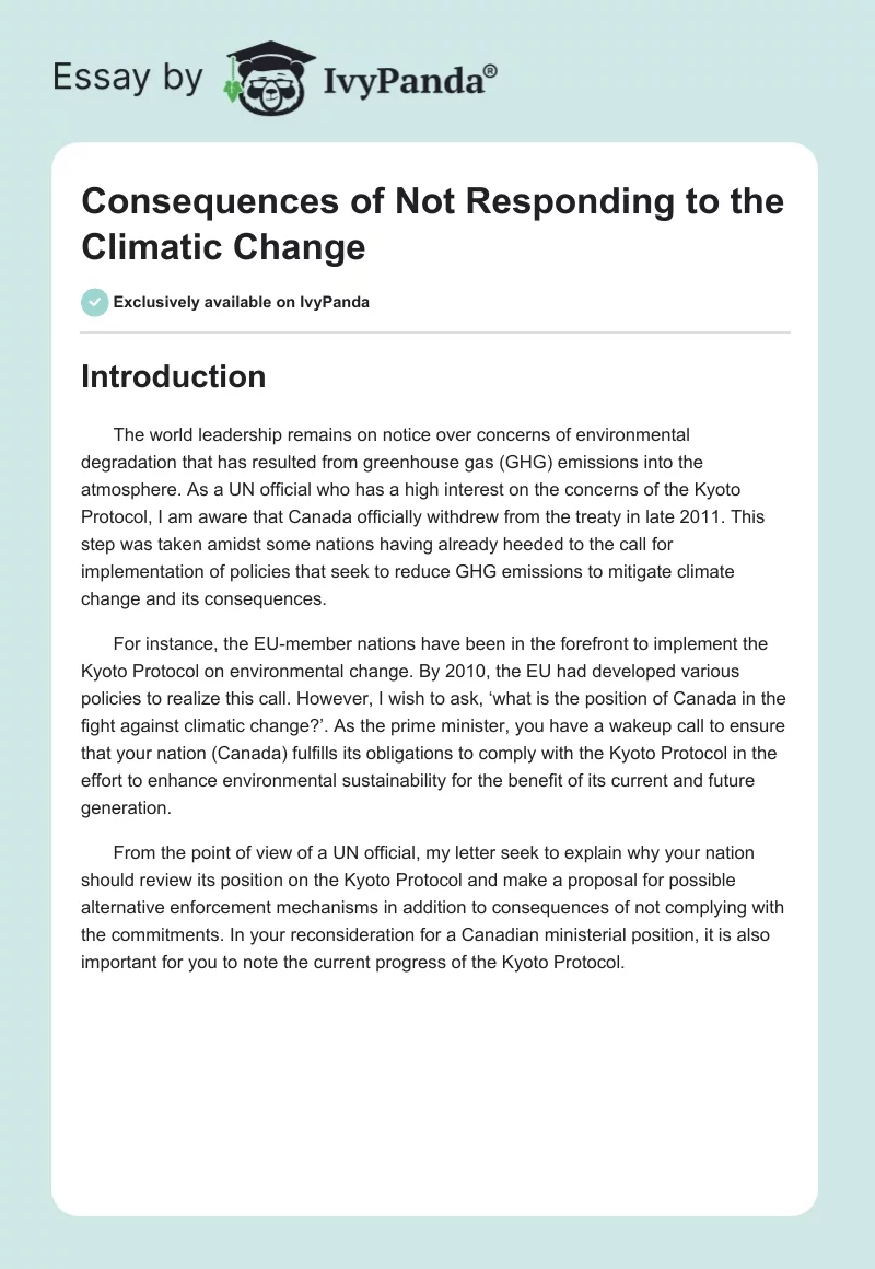 Consequences of Not Responding to the Climatic Change. Page 1