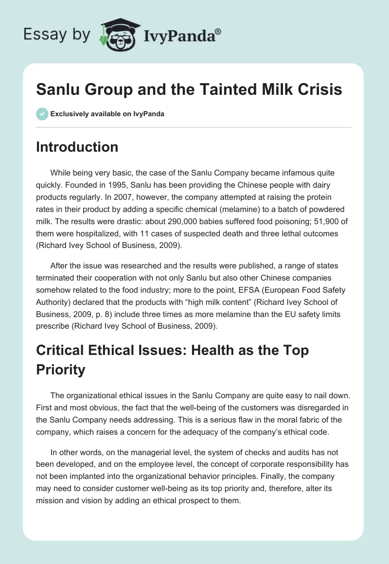 Sanlu Group and the Tainted Milk Crisis. Page 1