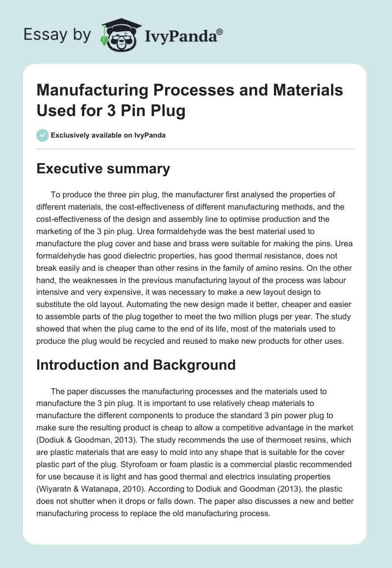 Manufacturing Processes and Materials Used for 3 Pin Plug. Page 1