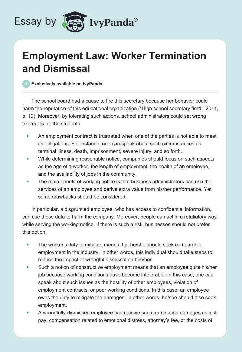 Employment Law: Worker Termination and Dismissal. Page 1