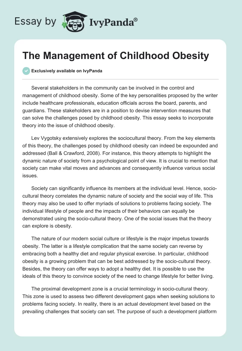 The Management of Childhood Obesity. Page 1