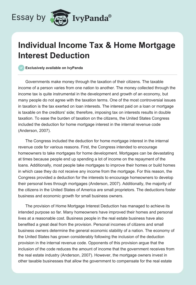 Individual Income Tax & Home Mortgage Interest Deduction. Page 1
