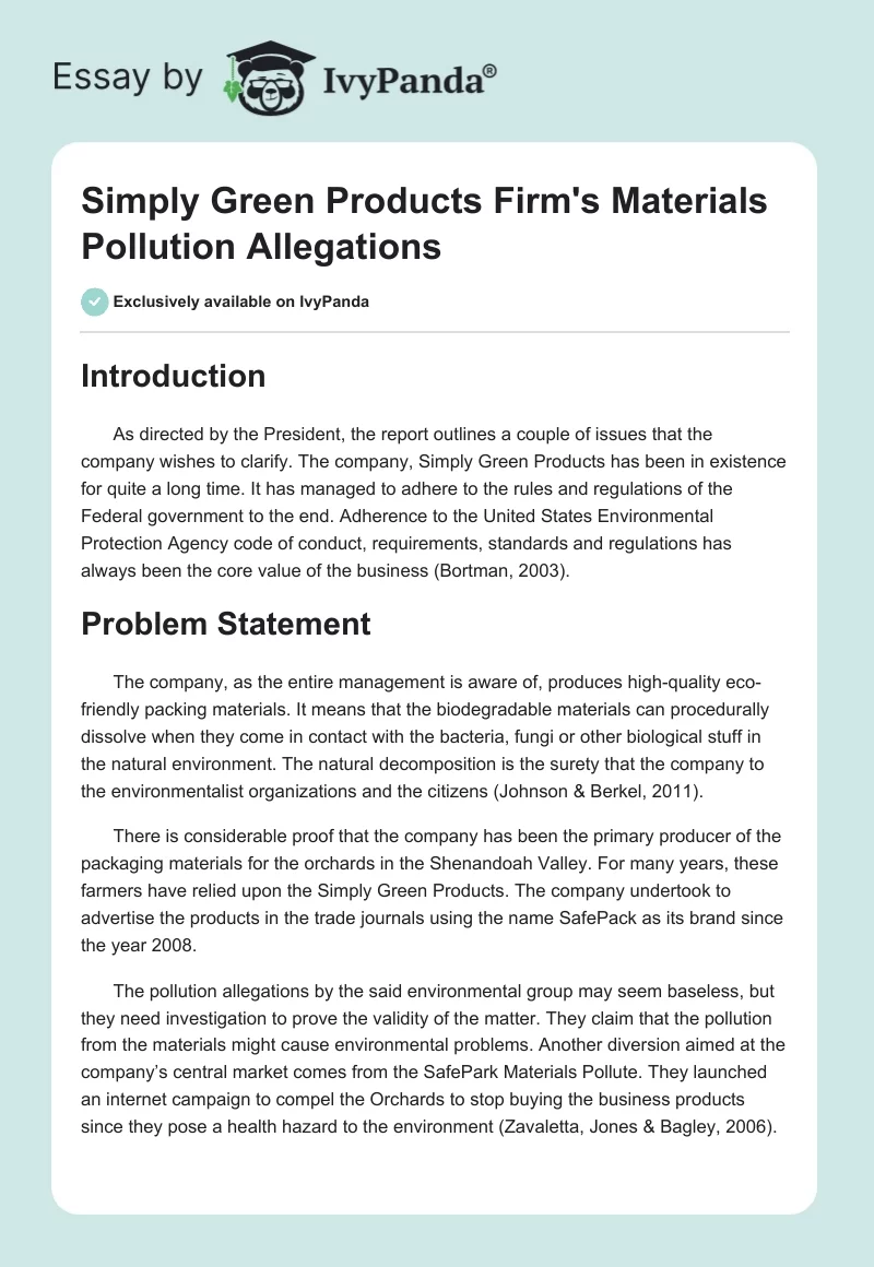Simply Green Products Firm: Pollution Allegations. Page 1