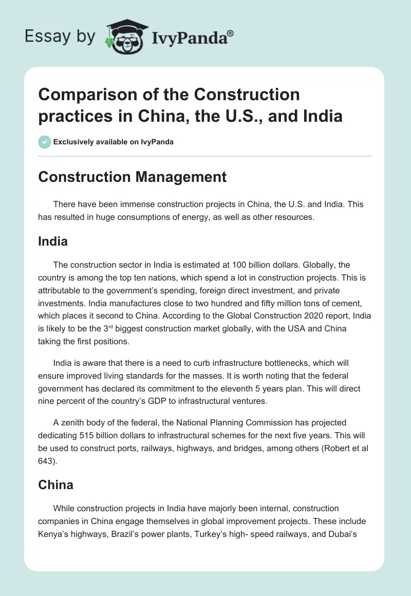 Comparison of the Construction Practices in China, the U.S., and India. Page 1