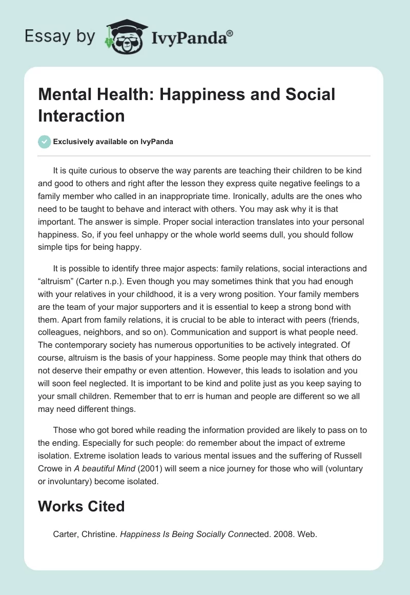 Mental Health: Happiness and Social Interaction. Page 1