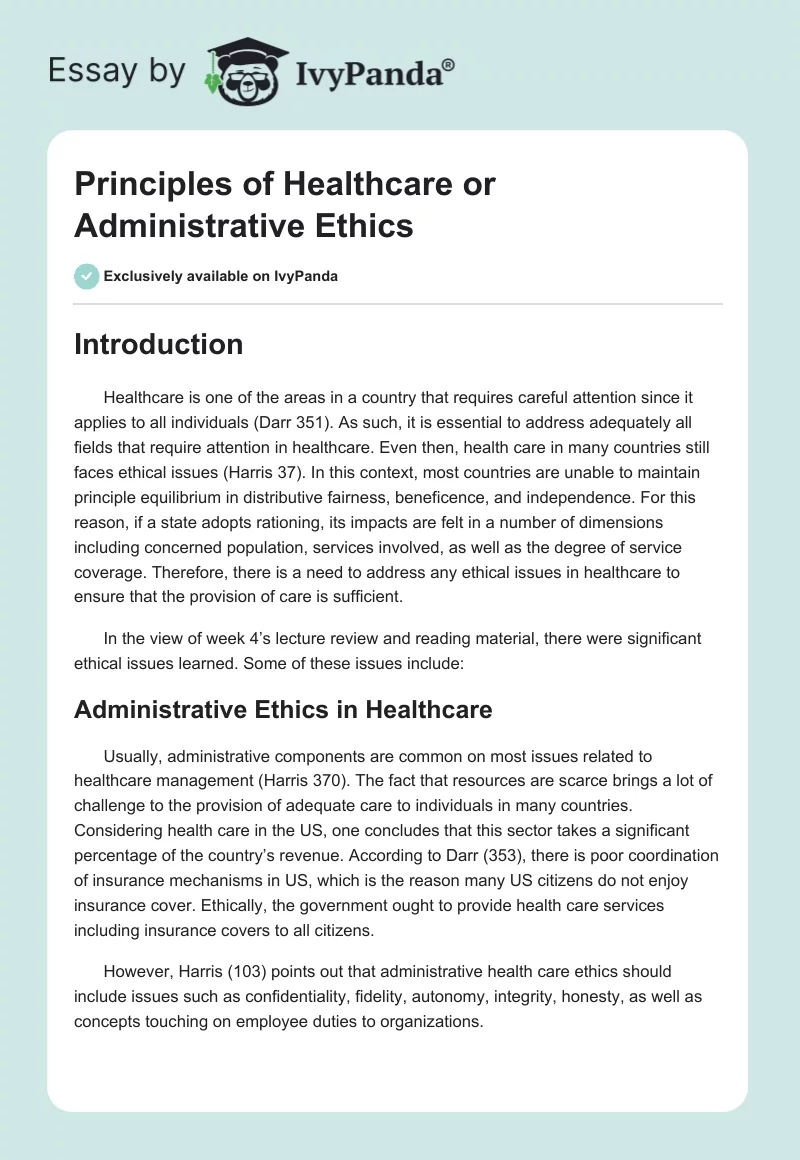Principles of Healthcare or Administrative Ethics. Page 1