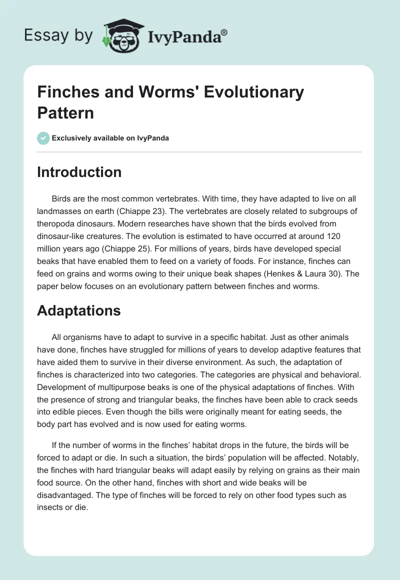 Finches and Worms' Evolutionary Pattern. Page 1