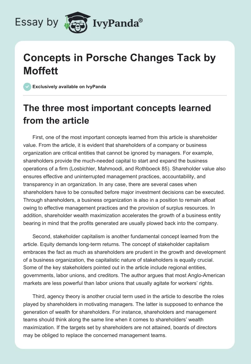 Concepts in "Porsche Changes Tack" by Moffett. Page 1