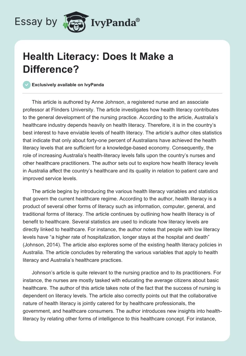 Health Literacy: Does It Make a Difference?. Page 1