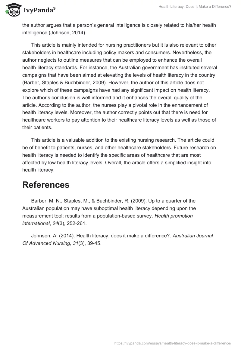 Health Literacy: Does It Make a Difference?. Page 2