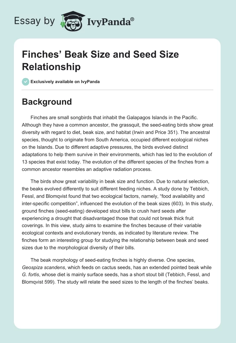 Finches’ Beak Size and Seed Size Relationship. Page 1