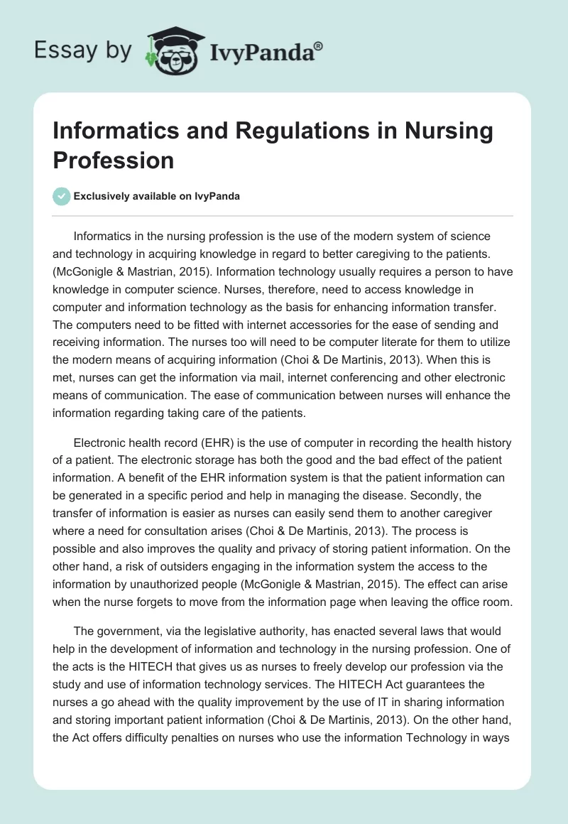 Informatics and Regulations in Nursing Profession. Page 1