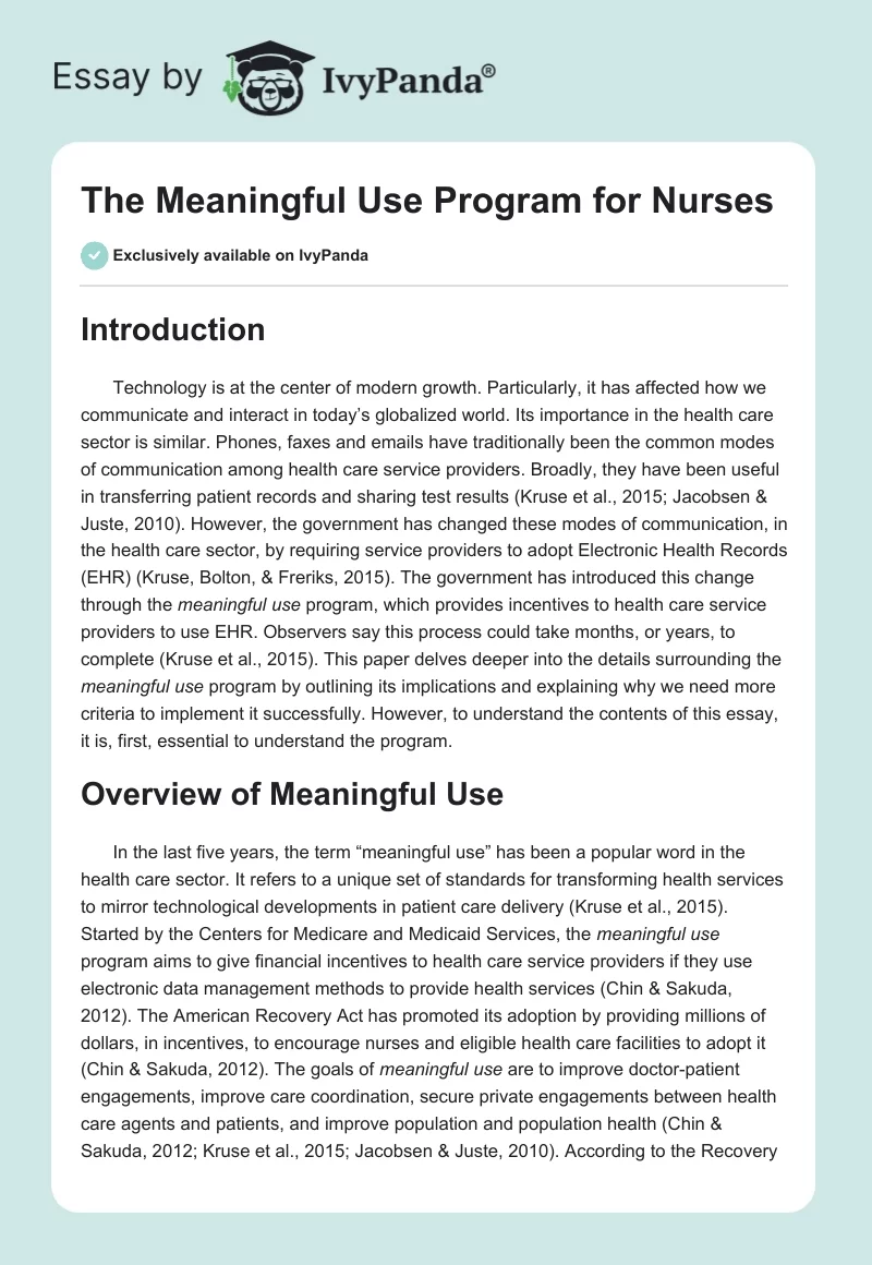 The Meaningful Use Program for Nurses. Page 1