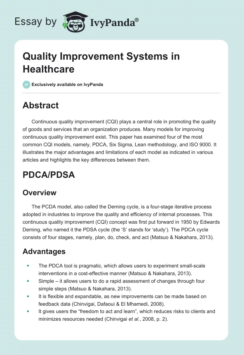 Quality Improvement Systems in Healthcare. Page 1