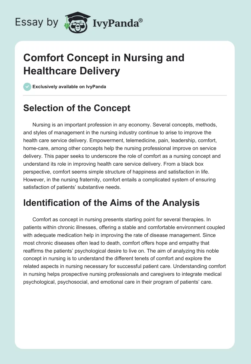 Comfort Concept in Nursing and Healthcare Delivery. Page 1