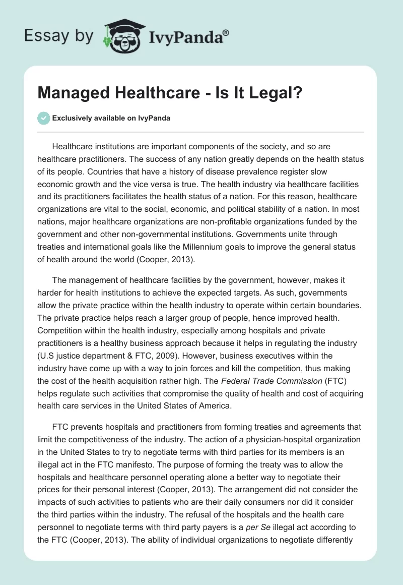 Managed Healthcare - Is It Legal?. Page 1