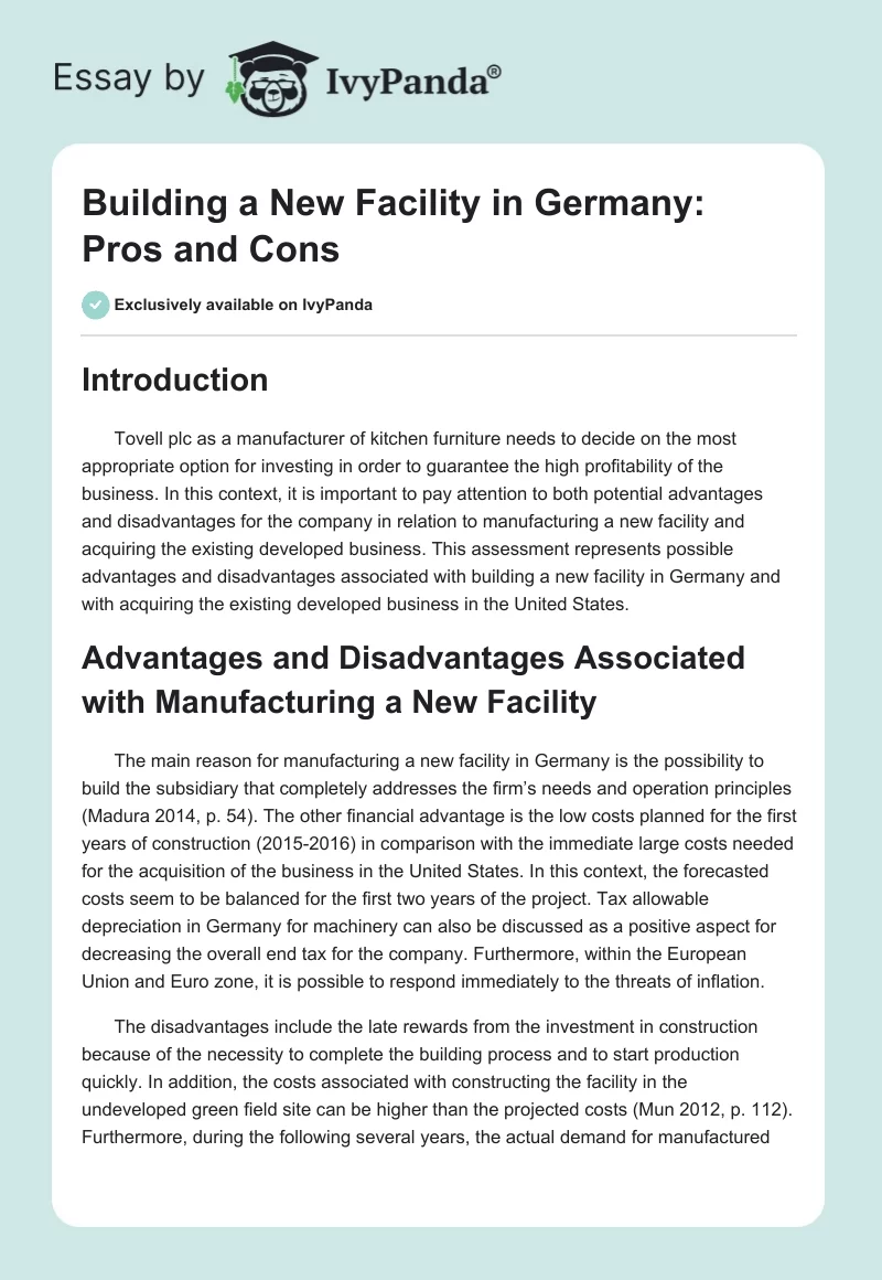 Building a New Facility in Germany: Pros and Cons. Page 1