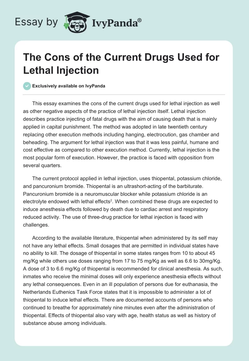 The Cons of the Current Drugs Used for Lethal Injection. Page 1