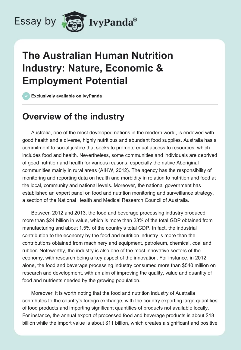 The Australian Human Nutrition Industry: Nature, Economic & Employment Potential. Page 1