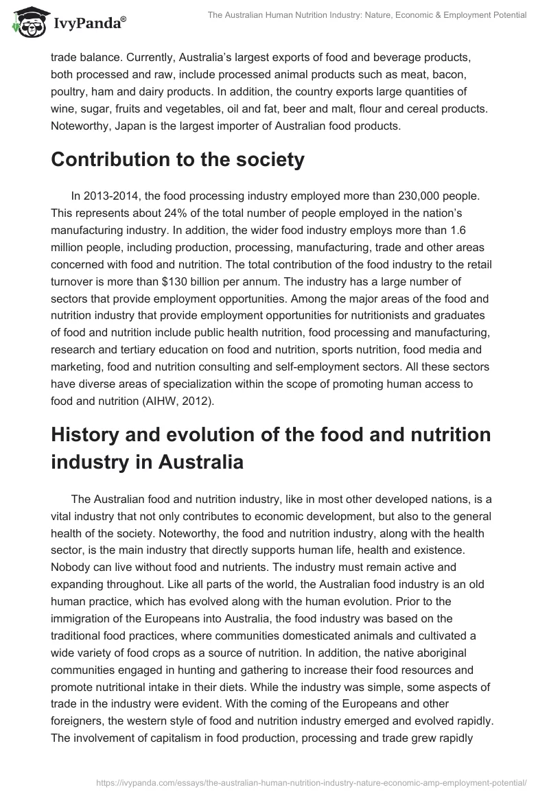 The Australian Human Nutrition Industry: Nature, Economic & Employment Potential. Page 2