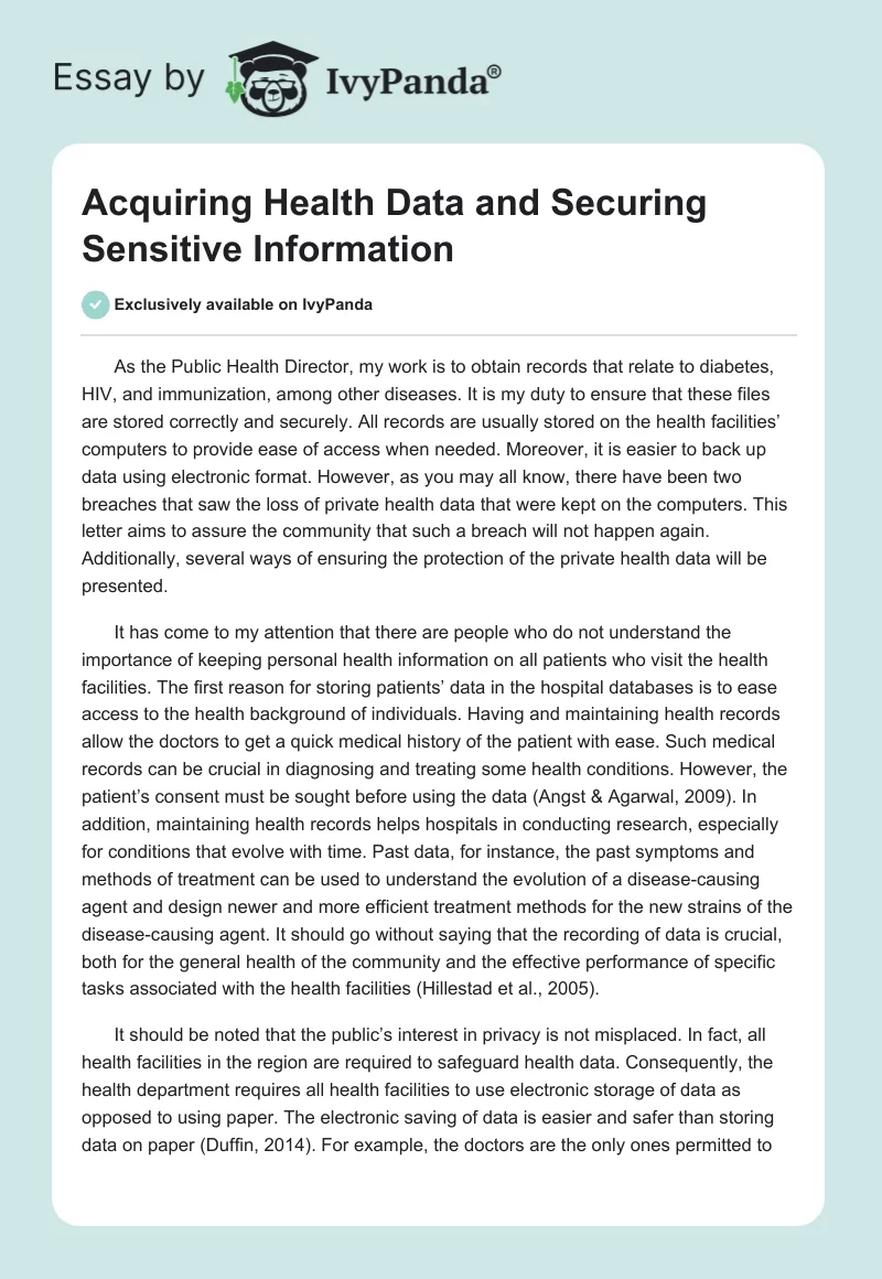 Acquiring Health Data and Securing Sensitive Information. Page 1