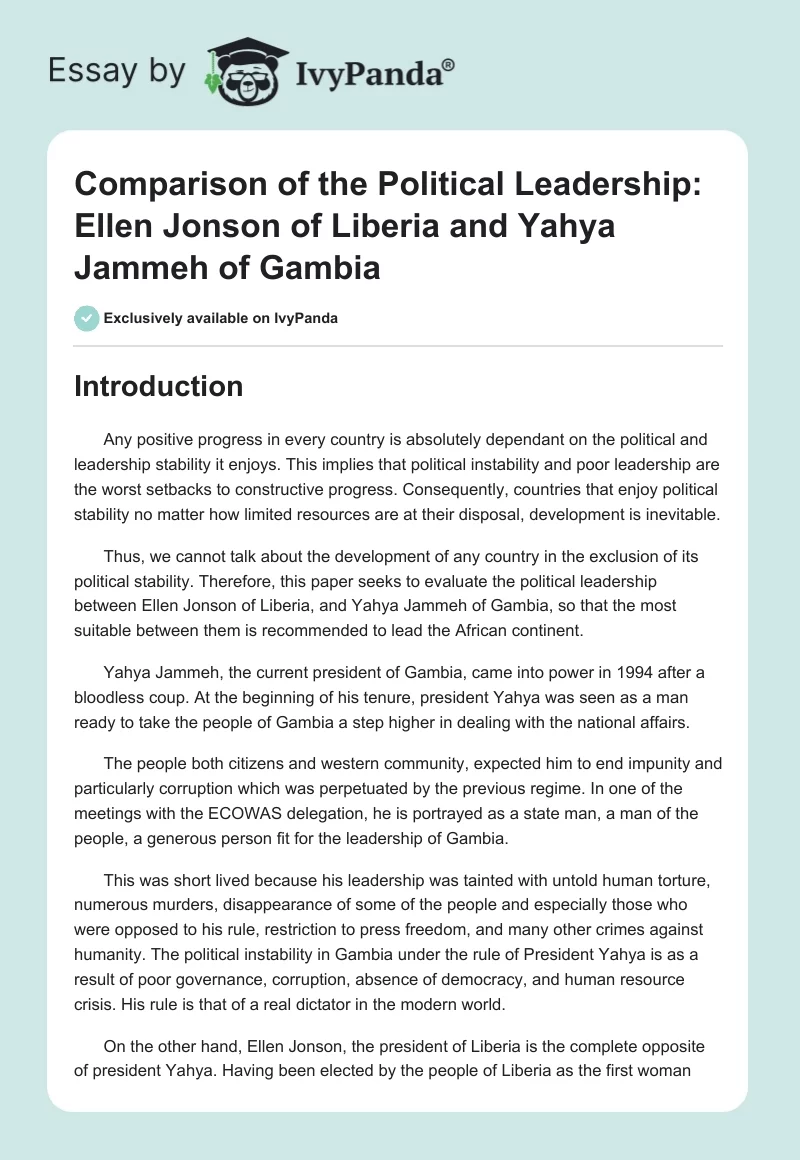 Comparison of the Political Leadership: Ellen Jonson of Liberia and Yahya Jammeh of Gambia. Page 1