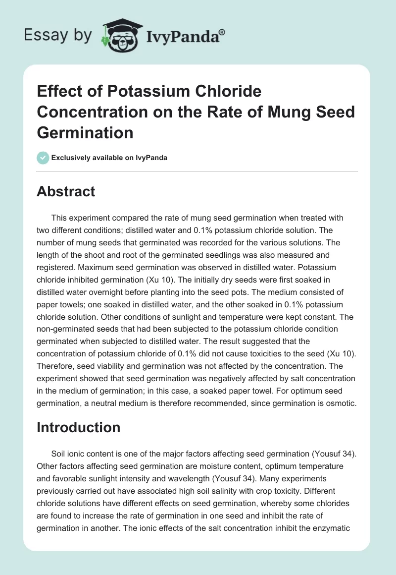 Effect of Potassium Chloride Concentration on the Rate of Mung Seed Germination. Page 1