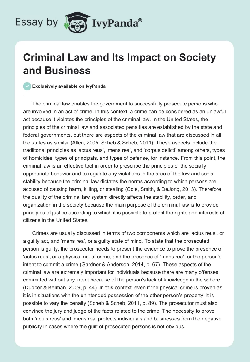 Criminal Law and Its Impact on Society and Business. Page 1