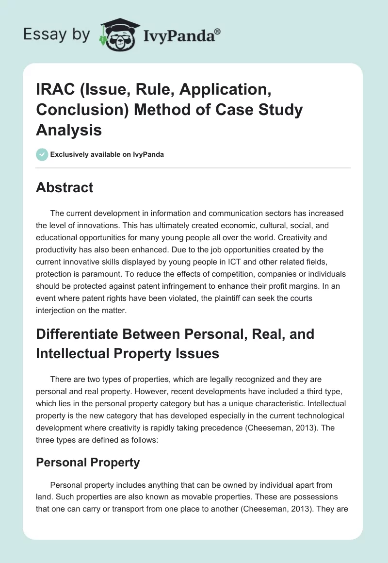 IRAC (Issue, Rule, Application, Conclusion) Method of Case Study Analysis. Page 1
