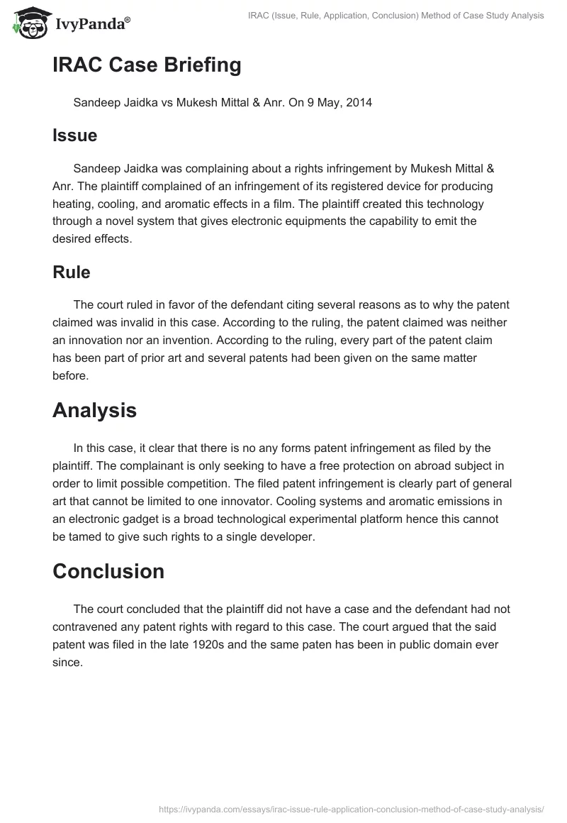 IRAC (Issue, Rule, Application, Conclusion) Method of Case Study Analysis. Page 3