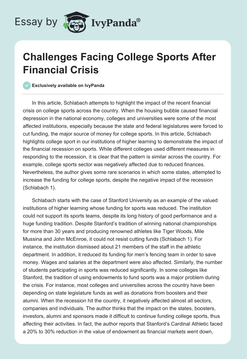 Challenges Facing College Sports After Financial Crisis. Page 1