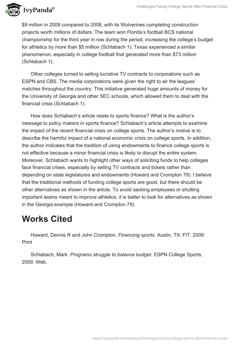 Challenges Facing College Sports After Financial Crisis. Page 3