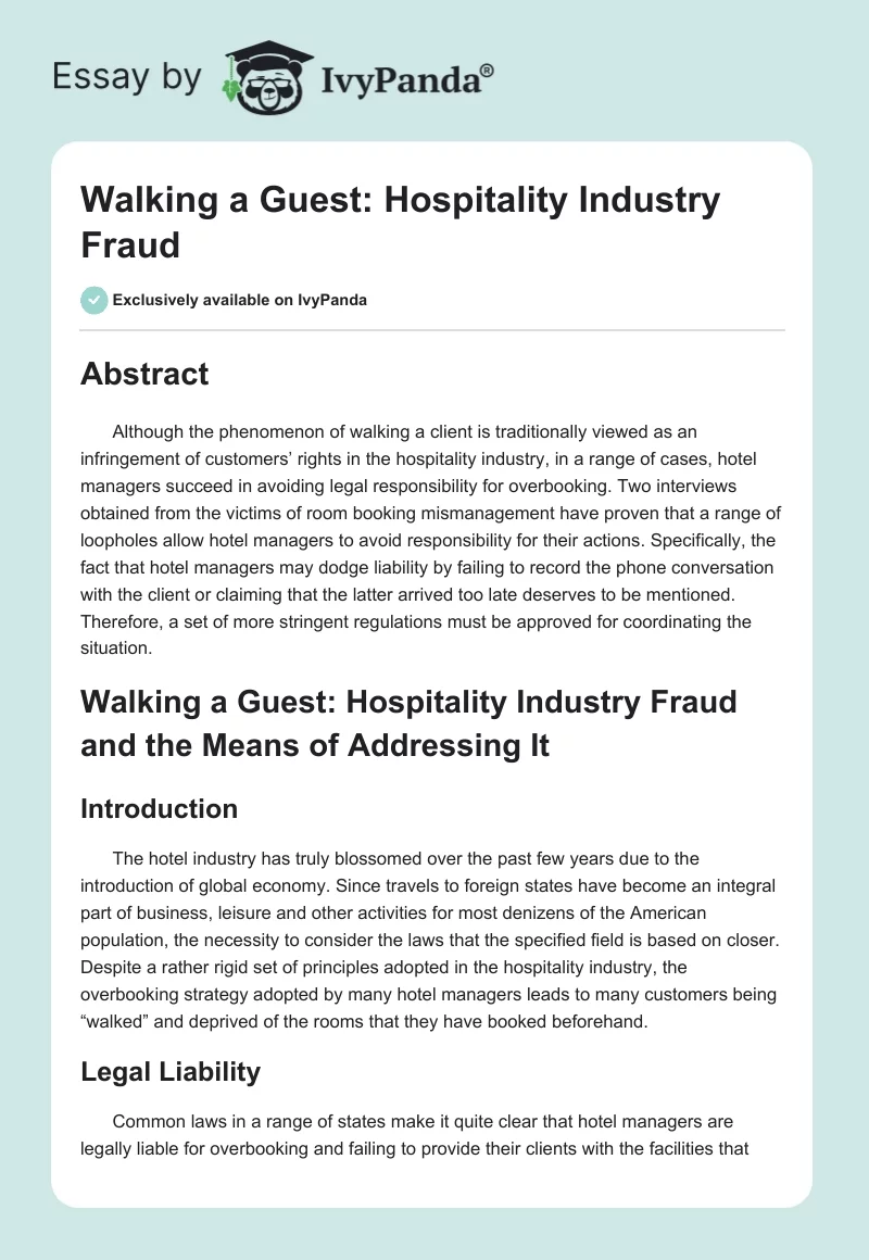 Walking a Guest: Hospitality Industry Fraud. Page 1